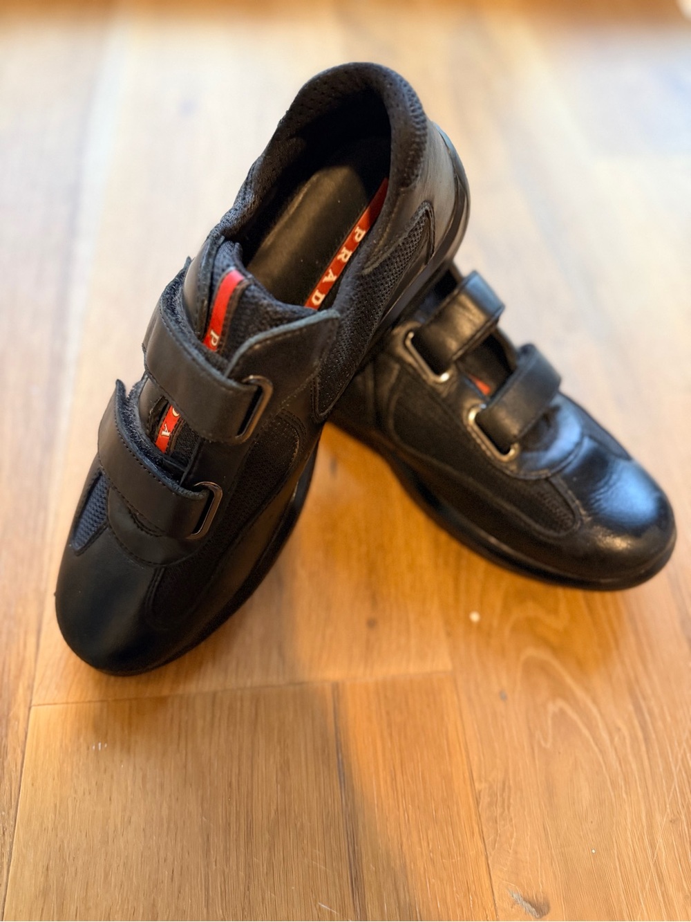 Prada Black Leather Velcro Women's Sneakers with Red Logo Accent